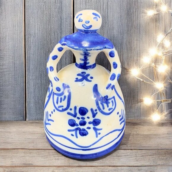Spanish Lady Bell Toledo Hand Painted Ceramic Pottery Bell Figurine White Blue - Picture 1 of 12